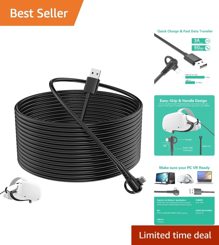 16.4ft USB C 3.2 Gen1 Cable – Fast Charge & Game on Quest 3/2 – 90-Degree Design
