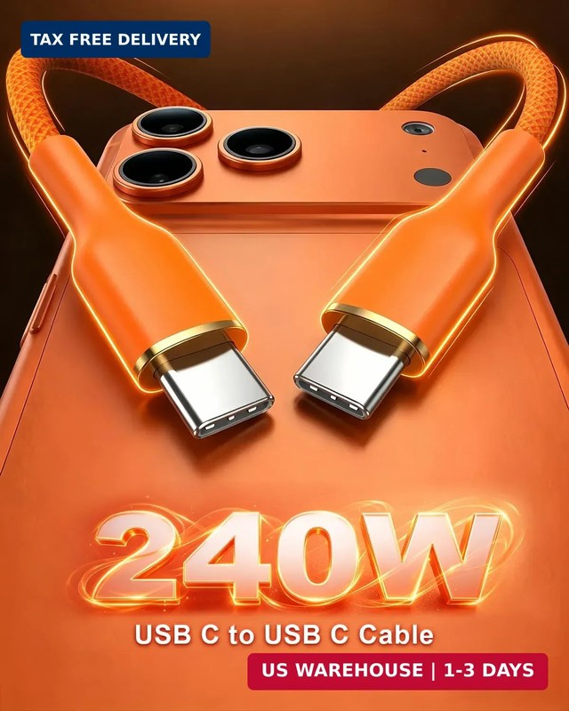 Short USB C to USB C Cable 1FT 2-Pack, 240W Orange Braided USB Type C Fast Charg gallery