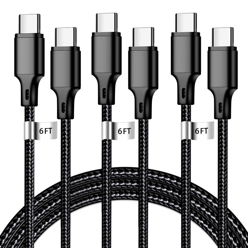 cugunu USB C to C Cable, 3 Pack 6ft Type C Fast Charger 6/6/6ft, Black