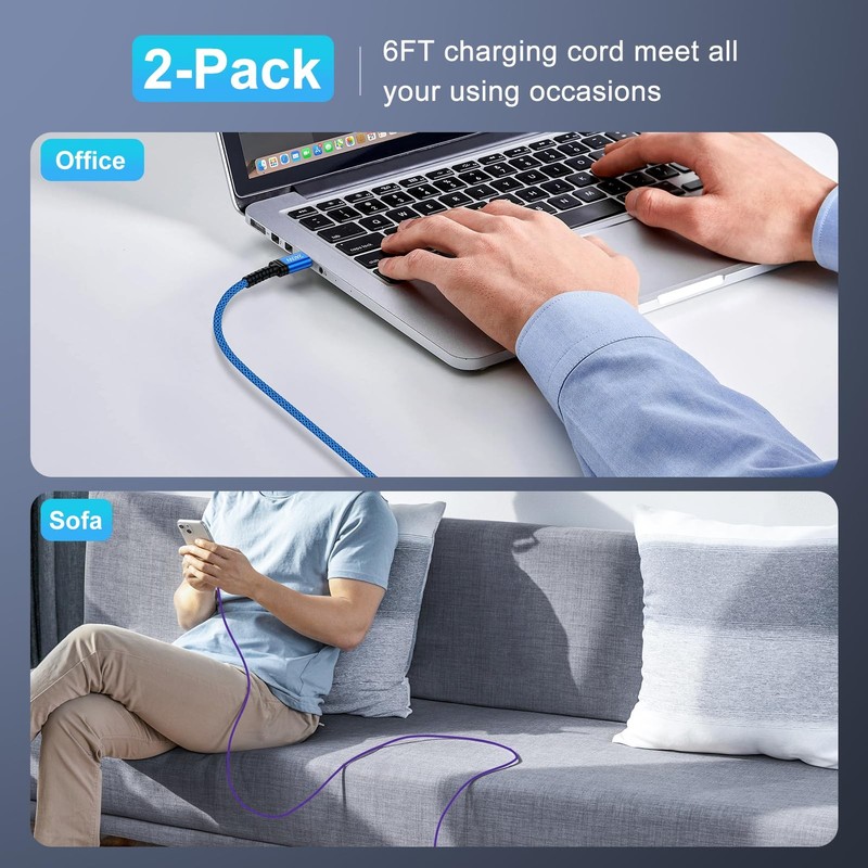 2 Pack 240W USB C to C Cable Fast Charging 6FT Type C Charger Cord Blue Purple gallery