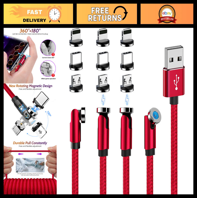 540° Rotating Magnetic Charging Cable 4-Pack – 3 in 1 USB C Fast Charge Cord for