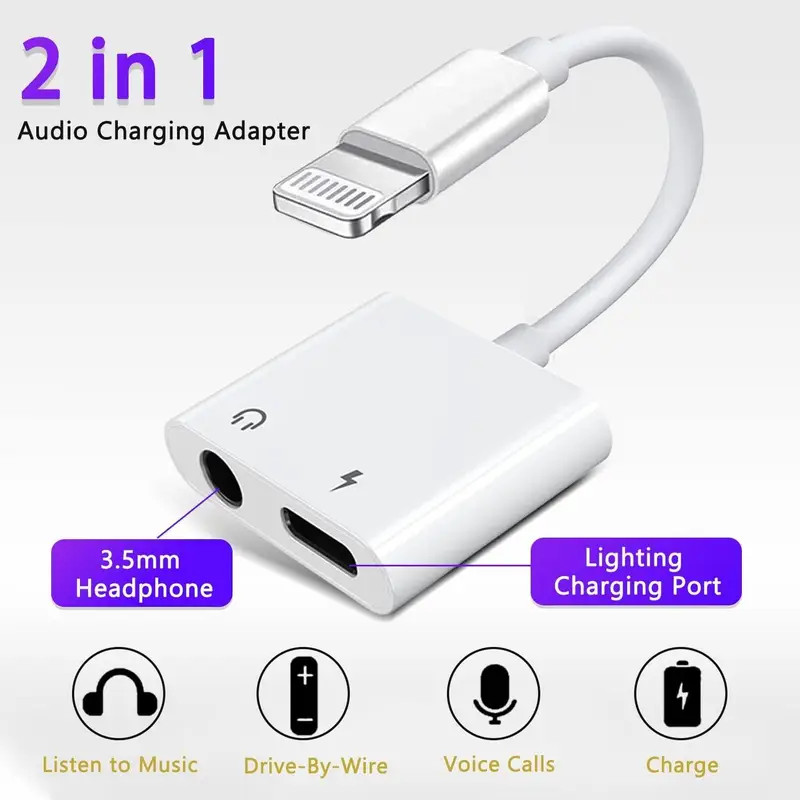 2 in 1 Dual Adapter 3.5mm Headphone & Charger For iPhone 17 16/ 14 13 12 8 X XS