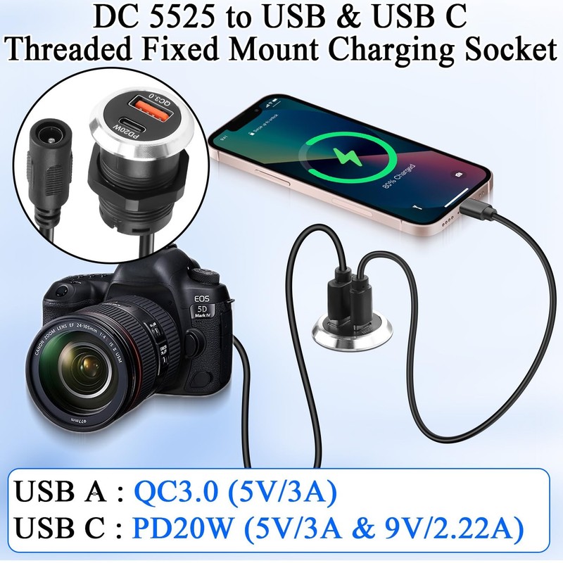 DC 5525 to USB A & USB C Desktop Flush Mount Charging Connector DC 5.5×2.5mm ... gallery
