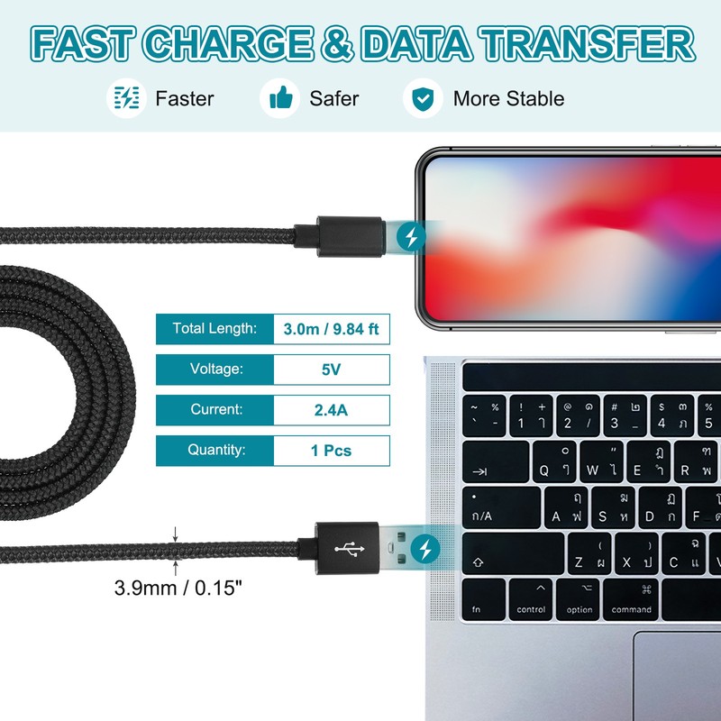 9.84ft USB Type C Charger Cable 2.4A Type-C Braided Data Cord Black gallery