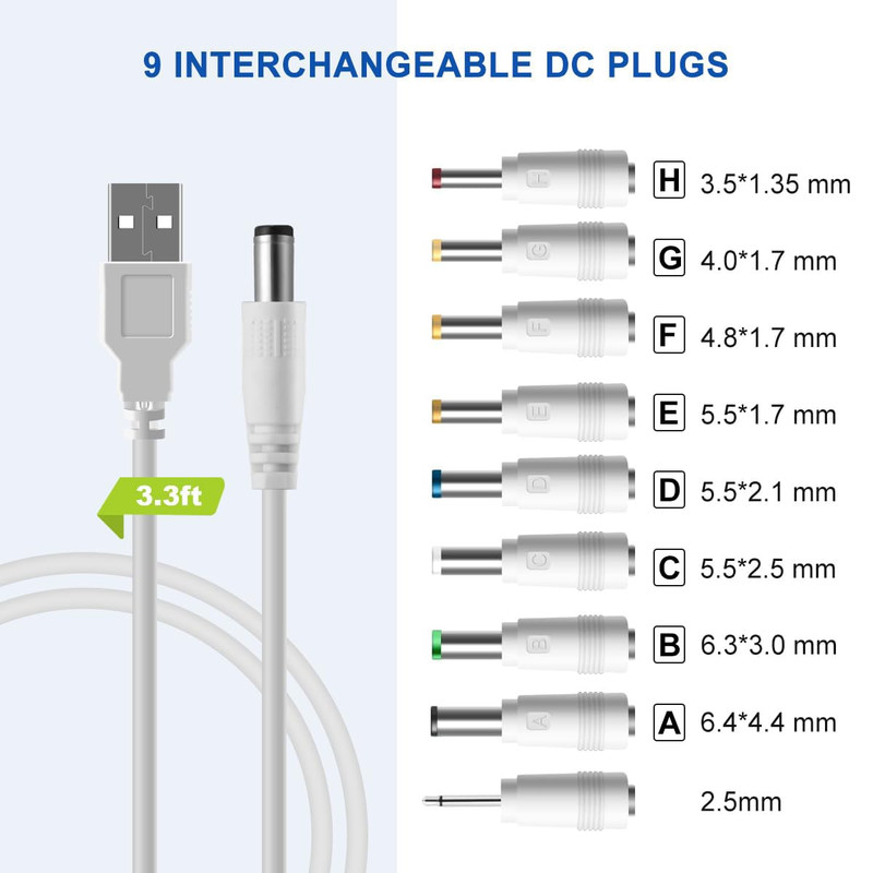 DC 5V Power Cord, USB to 5V DC Power Cable Charging Cord with 9 Adapters (6.4 * gallery