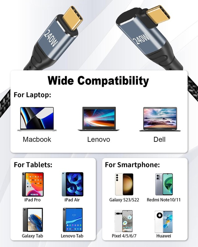 1.6ft 240W High Speed USB C Cable 90-Degree Type C Male to Male Fast Charge gallery