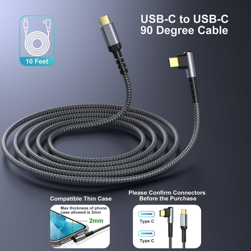 OKRAY USB C to C Cable 10ft, 2pack c c 90 Degree Right 10FT, Grey gallery
