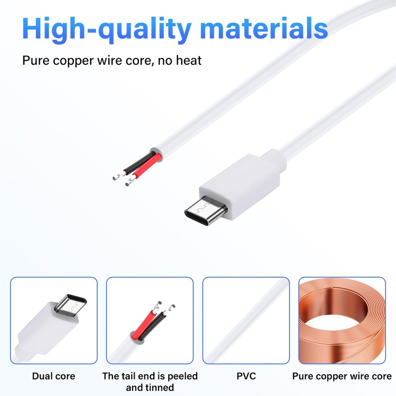 2 PCS USB Type C Male Plug 2 Pin Bare Wire Extension Power Cable 1 FT 20AWG 5V gallery