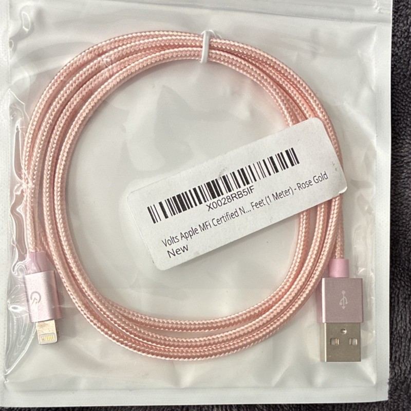 Volts MFi Certified 1m Braided Lightning to USB 2.0 Charging Cable Rose Gold