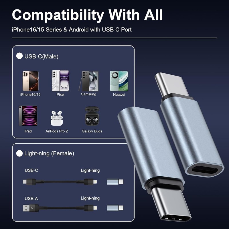 3 Pack Lightening Female to USB C Male Adapter Compatible for iPhone 17e/17/17 A gallery