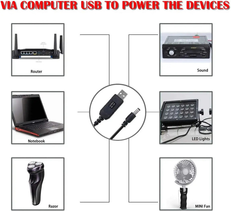 5.5*2.1Mm Wifi to Powerbank Cable Connector DC 5V to 12V USB Cable Boost Convert gallery