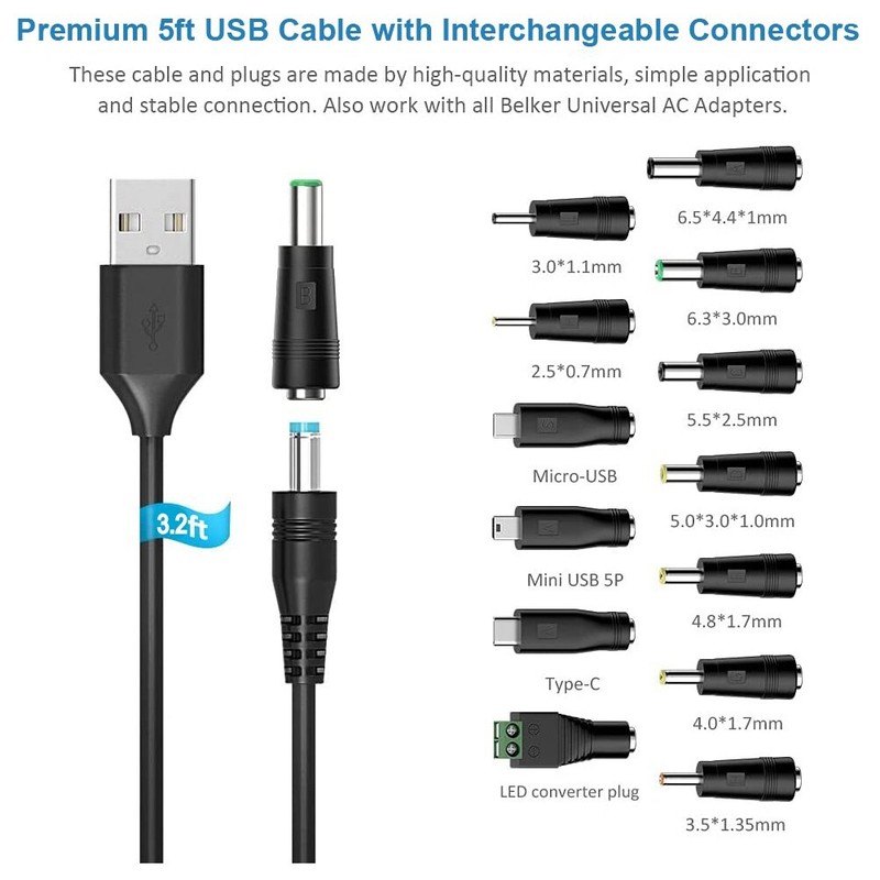 5V Universal DC Power Cable, USB to DC Charging Cord with 13Pcs Adapter Plugs fo gallery