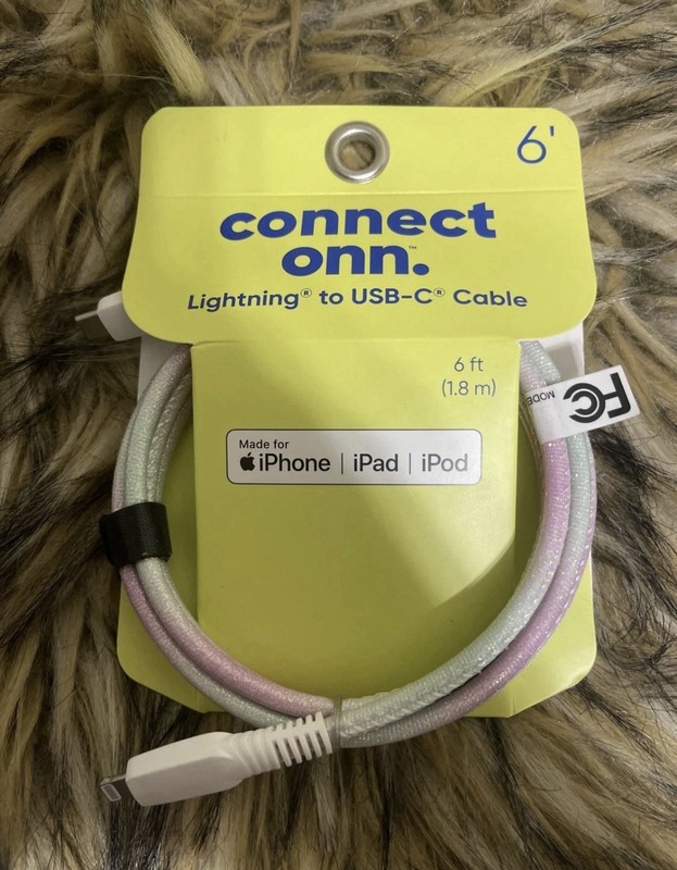 Connect Onn USB To USB-C Cable 6Ft, (1,8 m) Multicolor