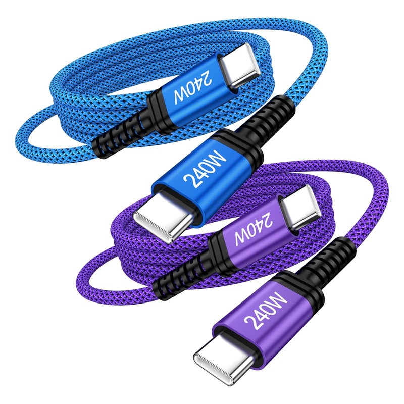 2 Pack 240W USB C to C Cable Fast Charging 6FT Type C Charger Cord Blue Purple