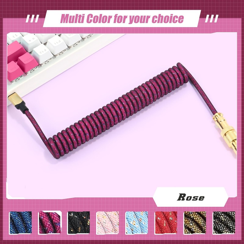 C03 Custom Coiled USB C To A Cable Braided Nylon Aviator Mechanical KB Rose gallery