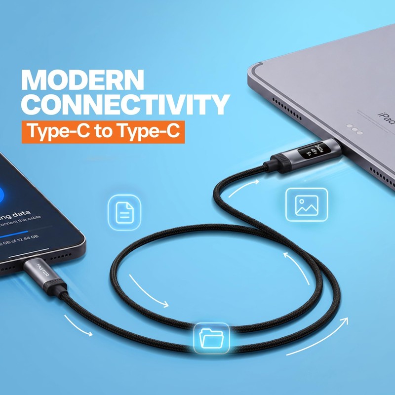 FASTER D8 240W USB-C to USB-C Cable 1.2m, 3.9 ft, OLED Display, 480 Mbps gallery
