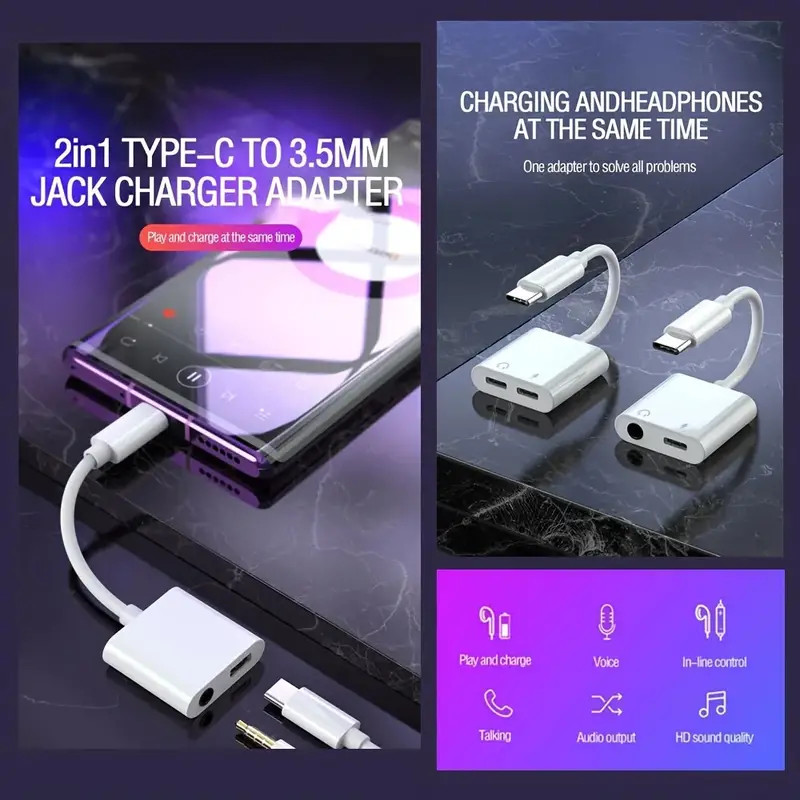 2in1 Charger and Headphone USB Type C to 3.5mm Aux Audio Cable Cord Adapter Lot gallery
