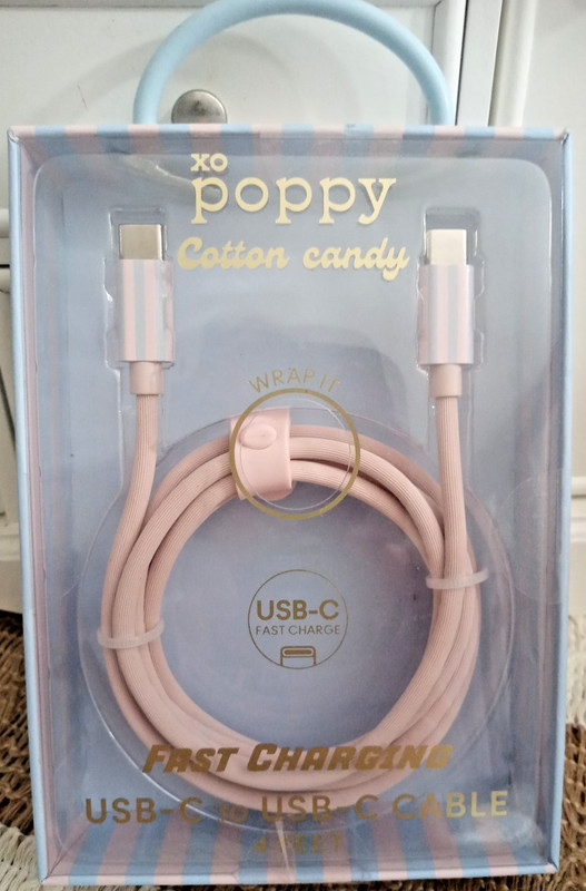 XO Poppy Cotton Candy Fast Charging USB-C To USB-C Cable 4 Feet Quick Charge NIB gallery