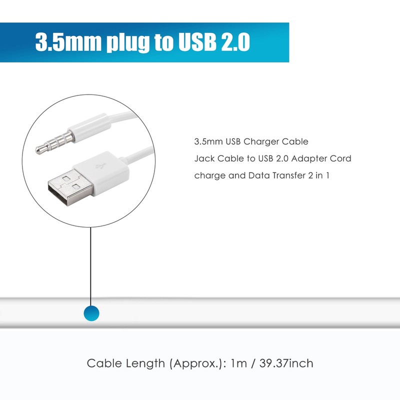 3.5mm Plug Audio AUX to USB 2.0 Plug Adapter Charging Cable 1M White P5U44072 gallery
