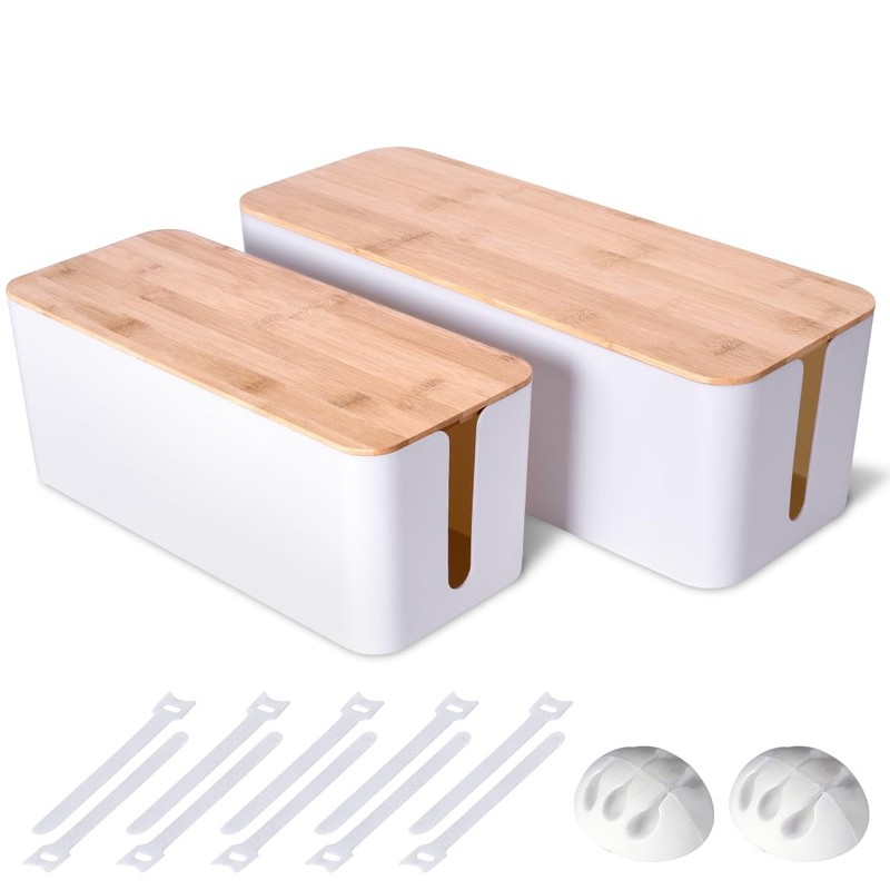 2 Pack Large Cable Management Box – Wooden Style Cord Organizer 2 Pack, White