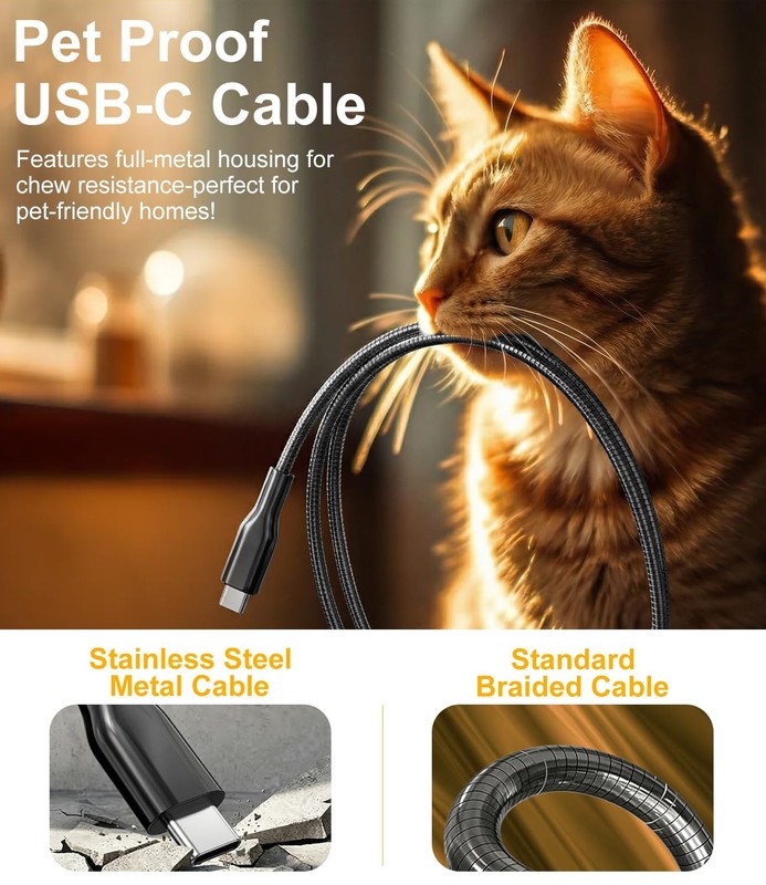 Chew Proof USB C Cable Metal Braided 6.6ft - 60W PD USBC Fast Charging Cable ... gallery