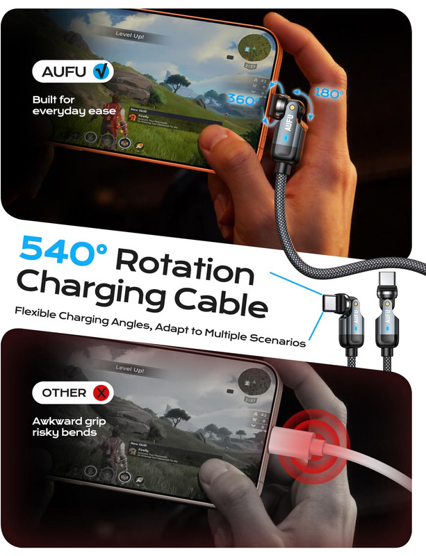 60W USB-C to USB-C Cable 10 ft, 180-Degree Rotating | Double 180° +360° Rotation gallery