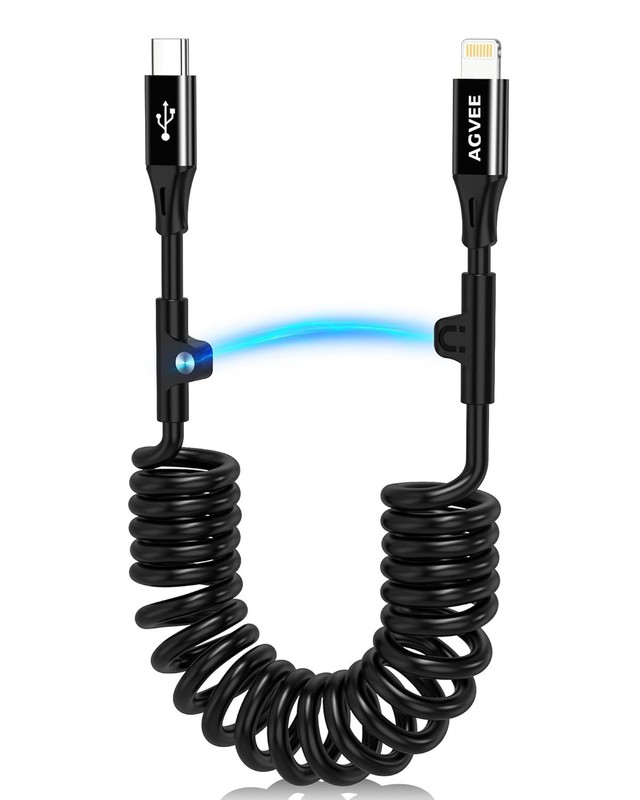 AGVEE 2 Pack Coiled USB-C to Cable 3ft MFi 30W Fast Car Charger