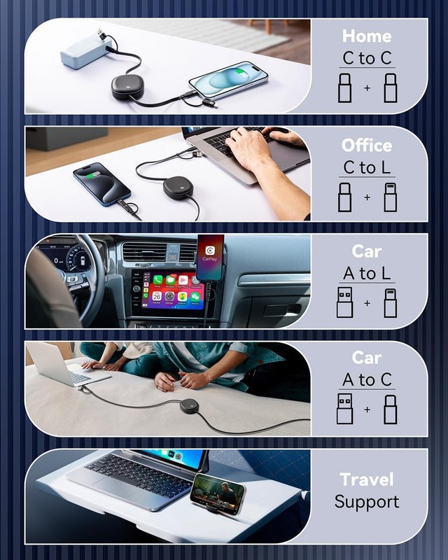 5 in 1 Retractable 100W USB Type C Fast Charging Cable 2Pack 5A Multi Charger gallery