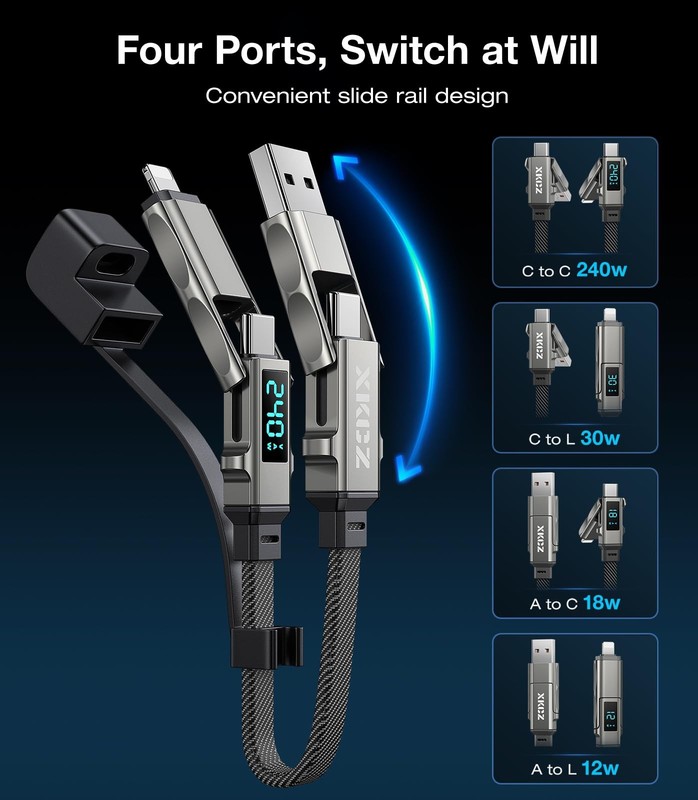 Keychain USB C Cable with V/A/W Display, 4 in 1 Charging Cable Combo Type C/U... gallery