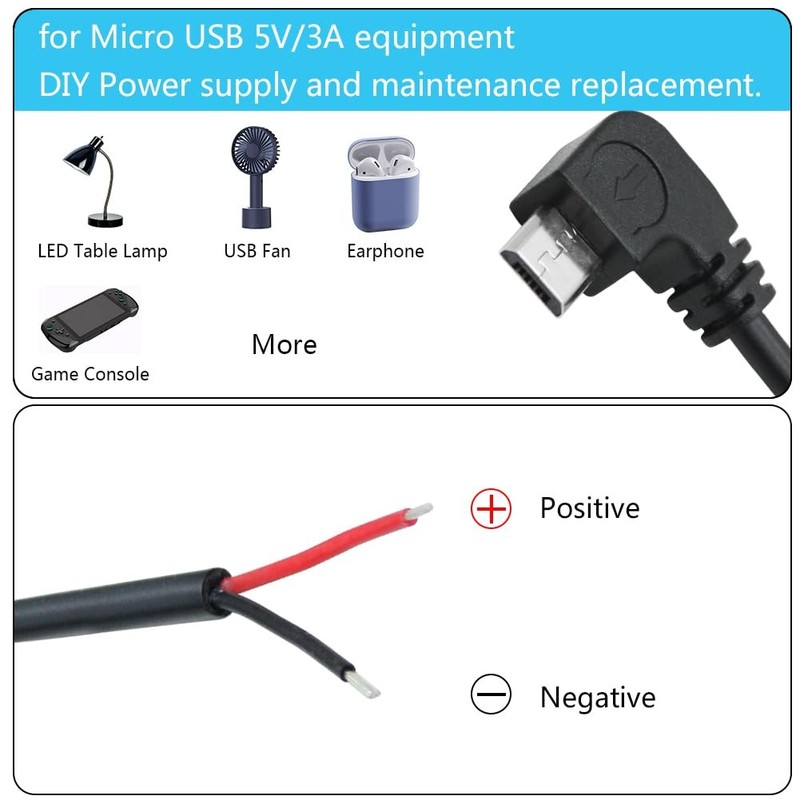 4 PCS 11 inch Right Angle Micro USB to 2-Pin Bare Wire Open End Cable, 5V 3A gallery