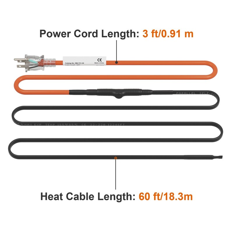 Self - Regulating Pipe Heating Cable, 60 - feet 5W/ ft Heat Tape for Pipes gallery