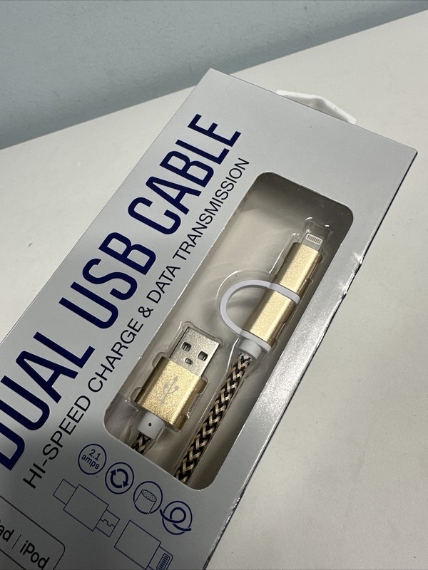 Dual USB Cable Hi Speed Charge Data Transmission Gold/Black NEW box $12.99 gallery