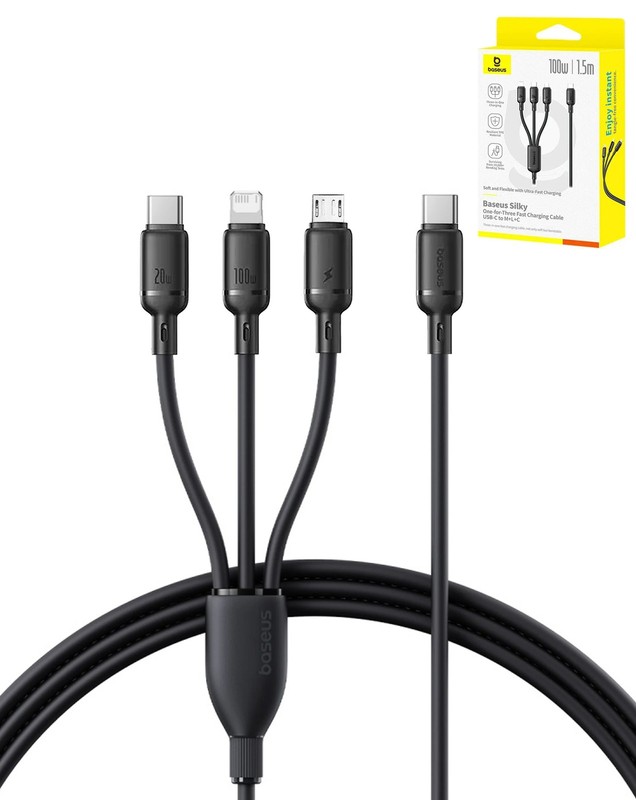 BASEUS Silky One-for-Three Fast Charging Cable USB-C to M+L+C (5ft) (100W) (COS gallery
