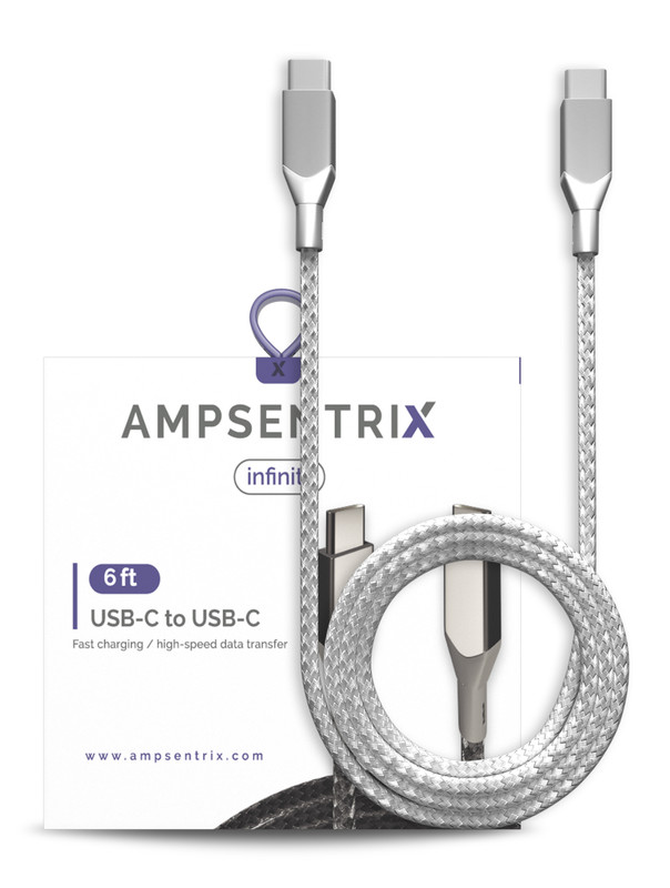 AmpSentrix – 6 Ft USB Type C To USB Type C Cable (Infinity) (Silver)