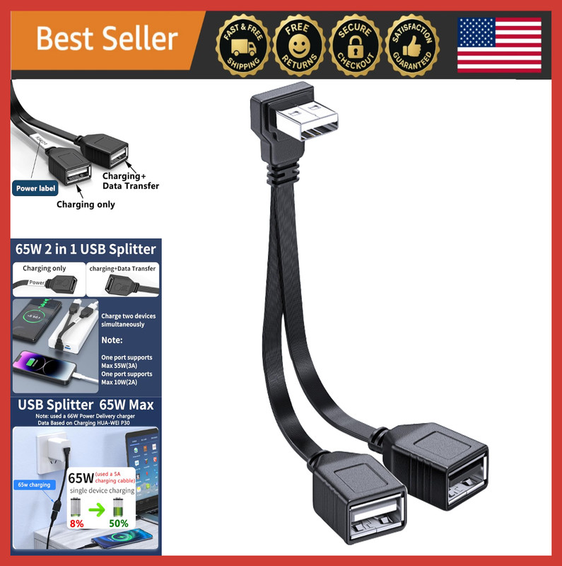USB Splitter 1 In 2 Out, 90° Dual USB Female Hub, Charge & Data Transfer
