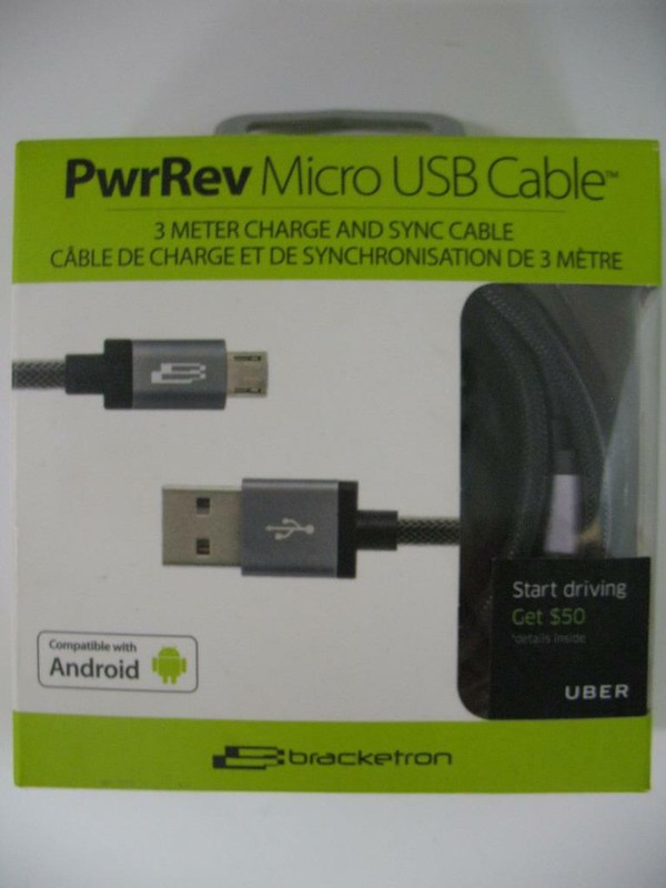 Bracketron PwrRev Micro USB Nylon Cable Android Charge Sync 3 meter = 10 feet!
