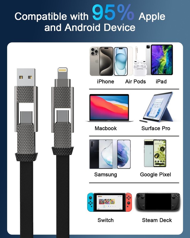 4-in-1 USB-C Fast Charging Cable (100W) – 6 FT Flat Braided 6 feet, Black gallery