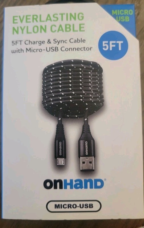 EVERLASTING NYLON CABLE 5ft Charge & Sync ONHAND Micro-USB Connector Black NEW