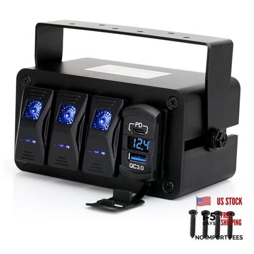 3 Gang Waterproof Aluminum Rocker Switch Box, 12-24V SPST 3 Gang Type C +USB