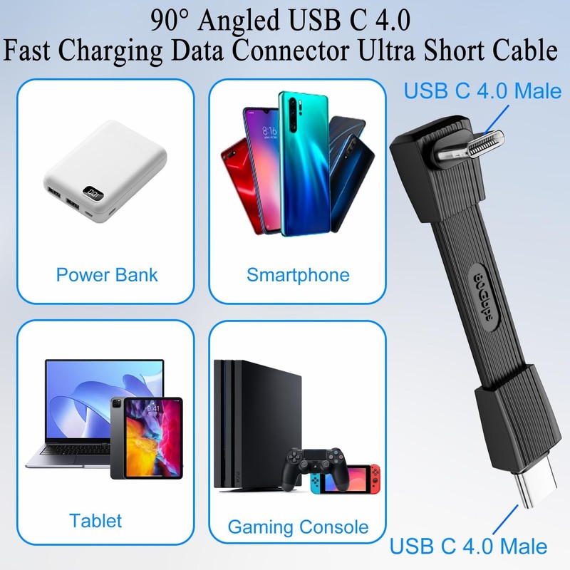 90 Angle USBC 4.0 Ultra Short Cable Male to Straight Fast Charging Data 2in gallery
