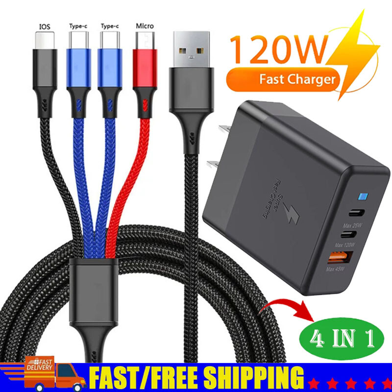 120W 3-Port USB C Fast Wall Charger Block ,4 in 1 Cable For All Cell Phone iPad