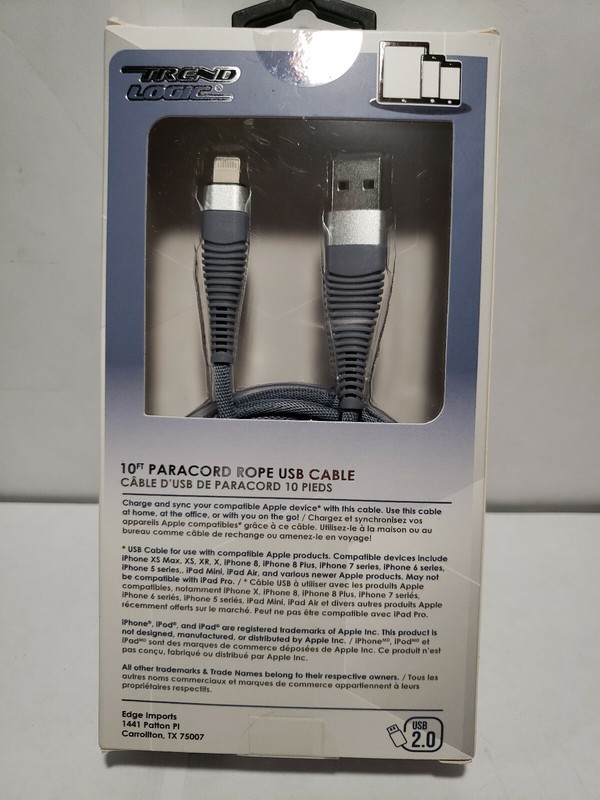 10 ft Paracord Cable – USB to Apple iPhone , Tablets Trend Logic Free Shipping