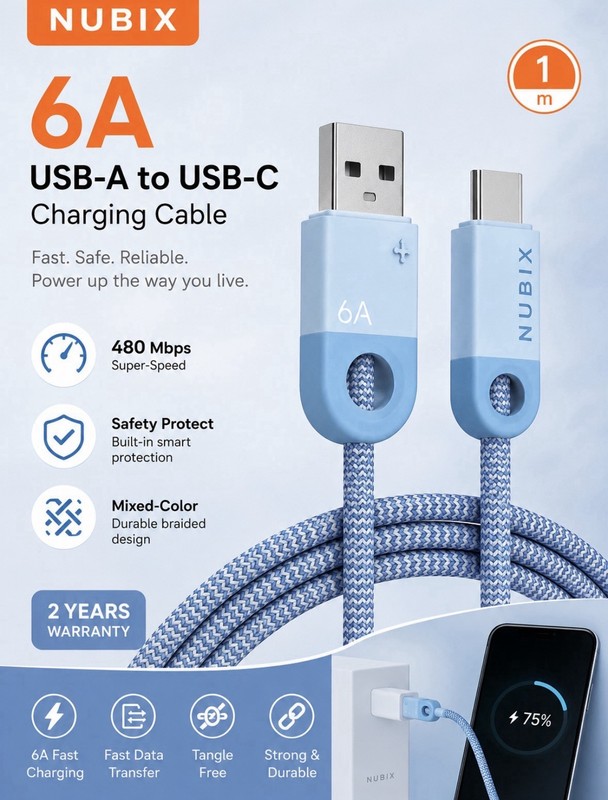 USB-A to USB-C Cable 1 M – 480 Mbps Super Speed Fast Charging & Data Transfer