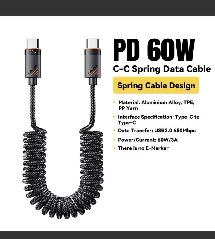 Essager Car Spring Type C Cable For iPhone 15 16 Samsung 100W PD Fast Charging gallery