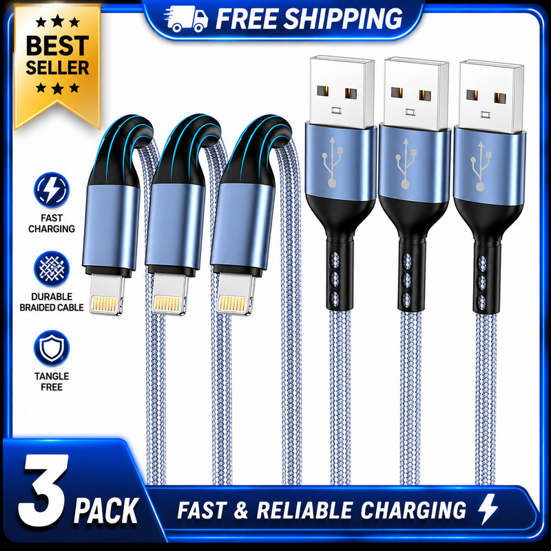 iPhone Charger 3pack 10FT Apple MFi Certified Nylon Braided Lightning Cable Fast
