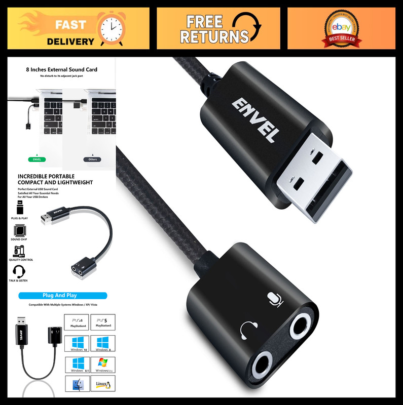 USB to 3.5mm Audio Adapter | External Stereo Sound Card for PS4/PS5/PC/Laptop