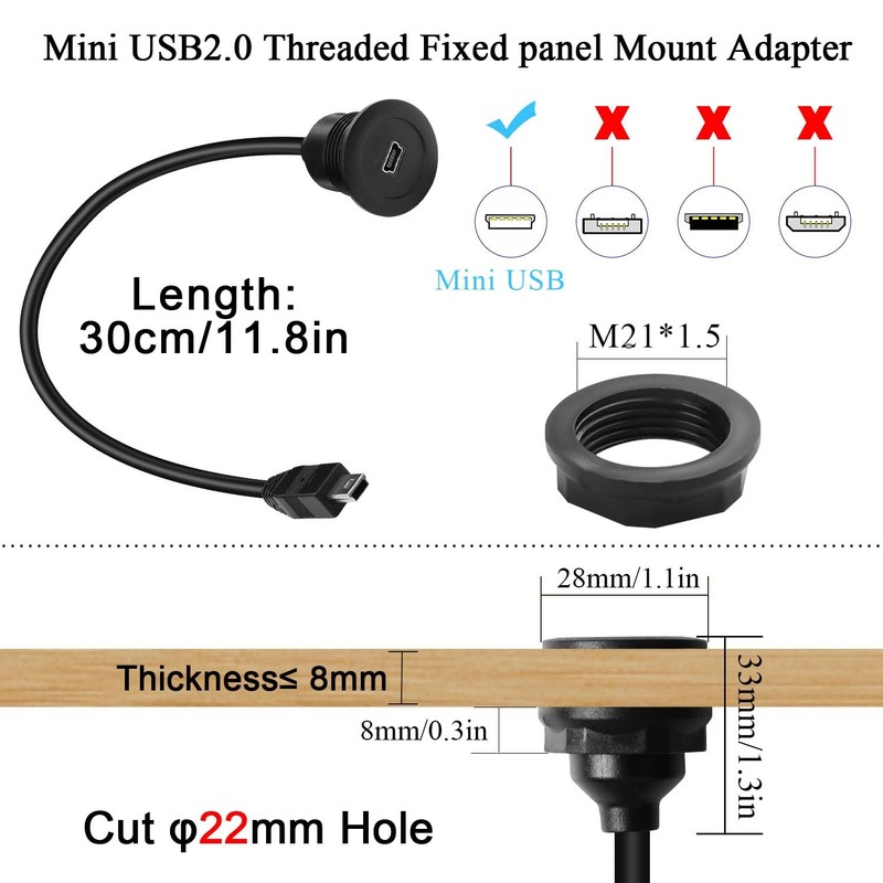Mini USB Flush Mount Extension Cable Male to Female 480Mbps 30cm 11.8 In gallery