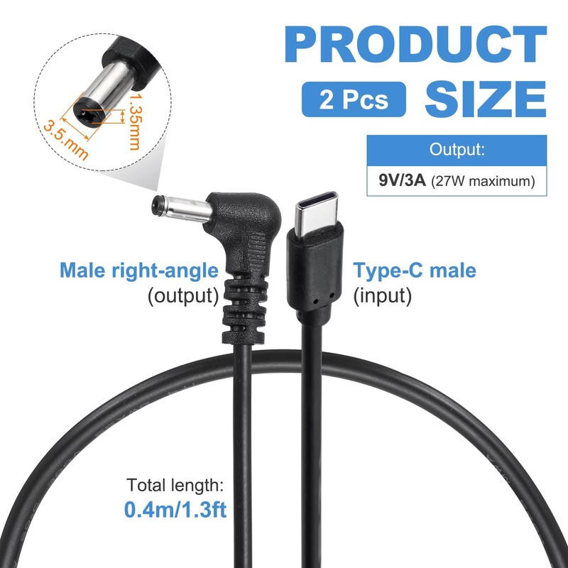 2 PCS USB C To DC Power Cable 9V 3A 27W 3.5x1.35mm 1.3ft Fast Charge gallery