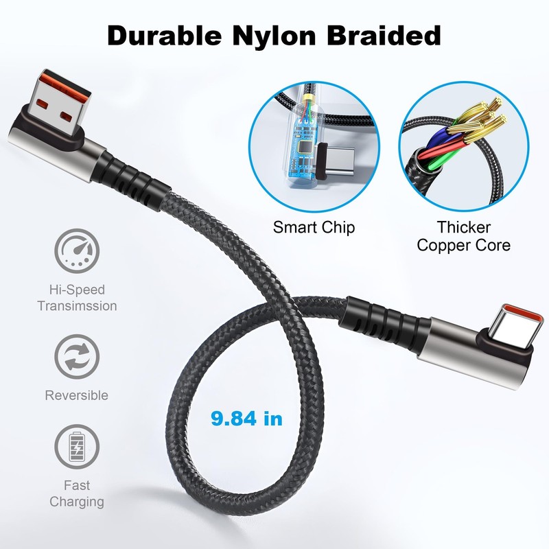 Short USB A to Type C Cable 90 Degree Right Angle Braided 6A Fast Charging gallery