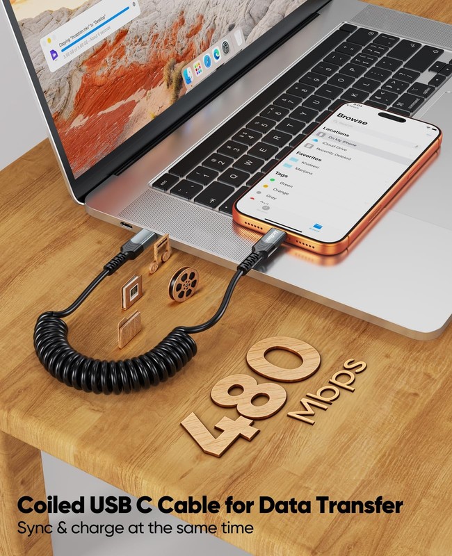 USB C to C Coiled Cable 6ft-1.5ft, 60W Fast Charging Short 6 Feet gallery